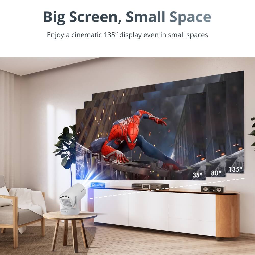Digital advertisement featuring Marvel's Spiderman a white short-throw projector displays the superhero in his iconic red and blue suit against a city backdrop onto a living room wall, illustrated with progressive screen sizes from 35 to 135 inches above a sleek white entertainment console