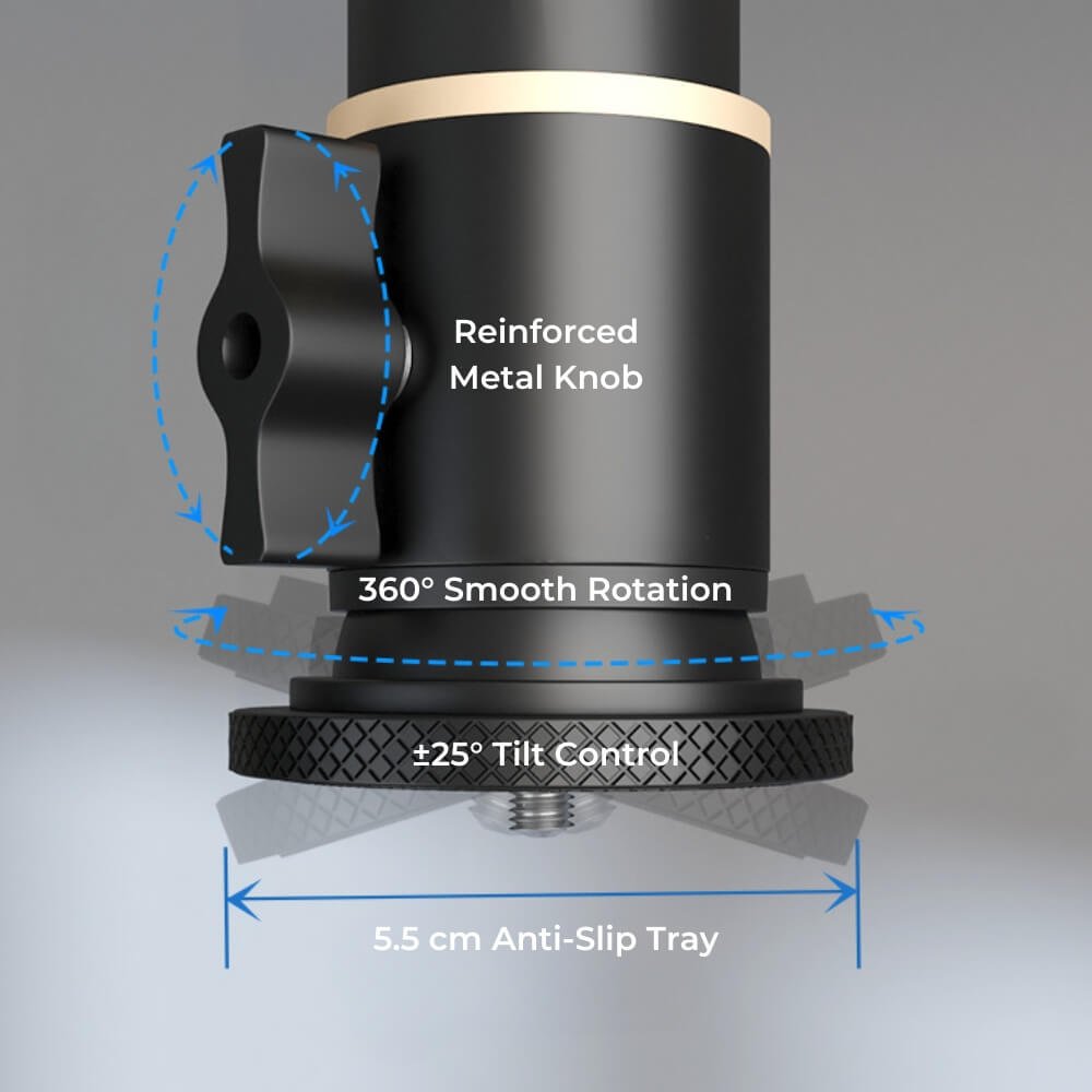 A black cylindrical mechanical component featuring a reinforced metal knob, 360-degree smooth rotation, plus or minus 25-degree tilt control, and a 5.5 cm anti-slip tray