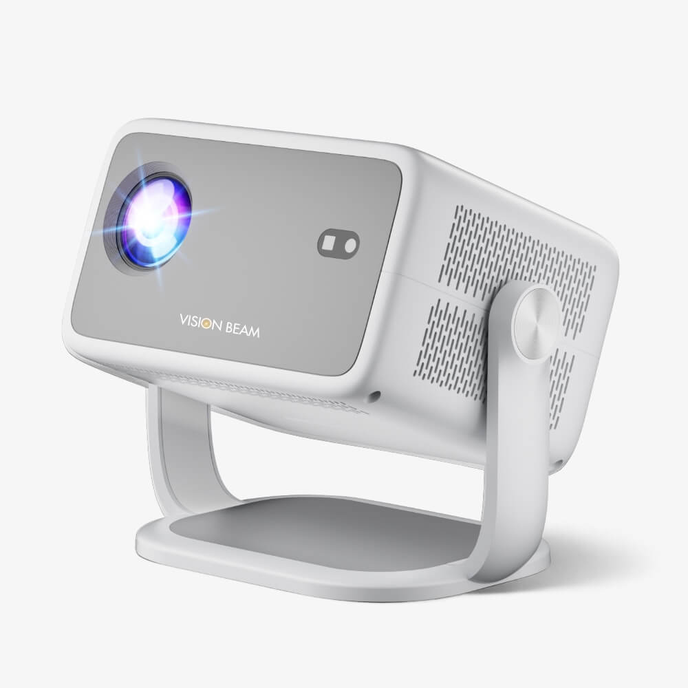 White and grey Vision Beam projector displaying its logo and a glowing lens, supported by an integrated stand with detailed side ventilation