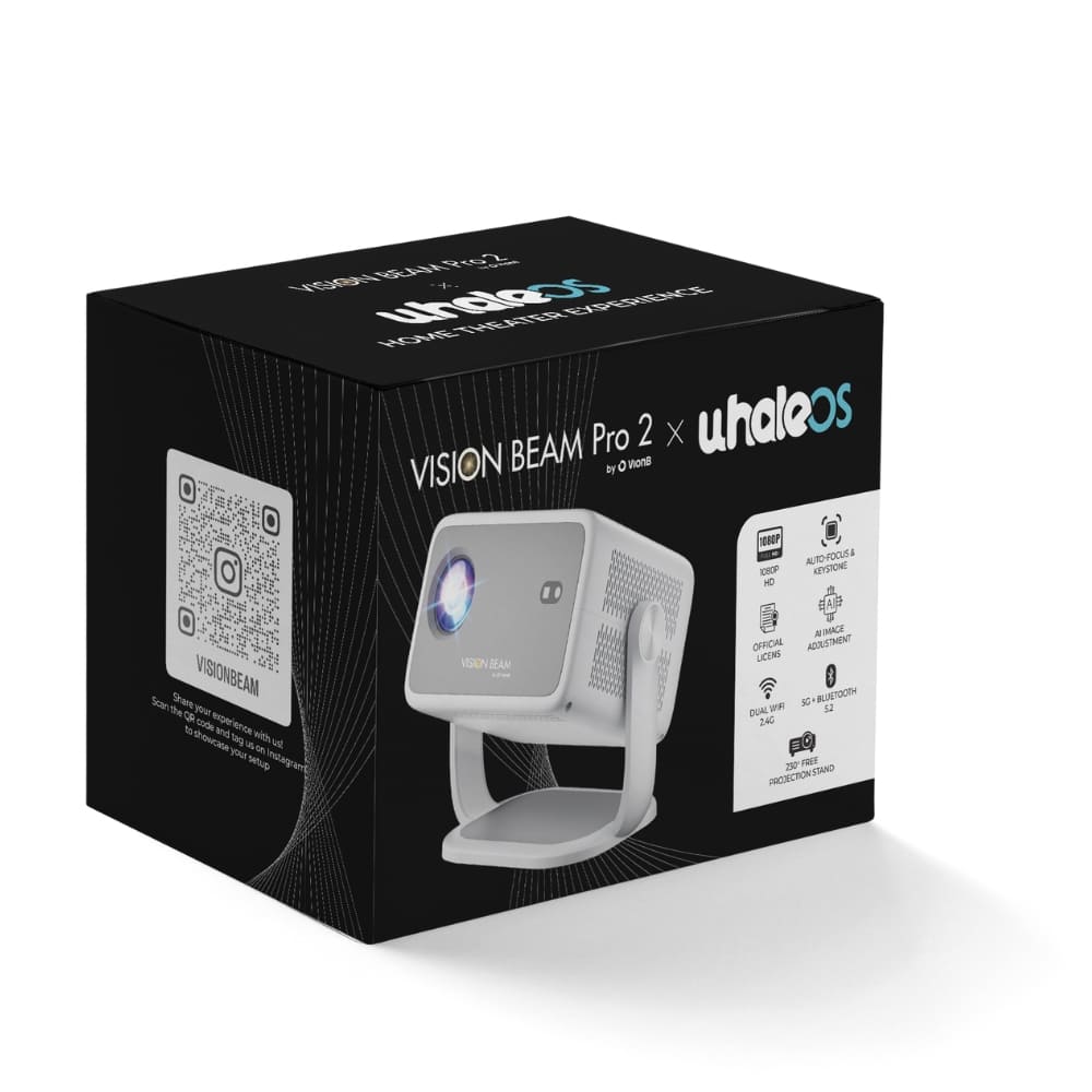 Whalelos Vision Beam Pro 2 product photograph on a white background featuring the white and gray projector with a glowing blue lens on a stand next to its black and white box detailing features like 1080p HD, auto-focus, and a QR code for Vision Beam