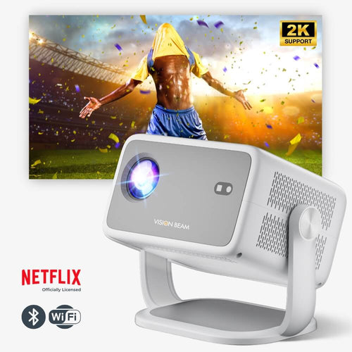 A gray and white Vision Beam projector with a bright lens displaying a vibrant soccer player celebration in a stadium with a yellow shirt over his head and colorful confetti, prominently featuring 2K Support and Netflix Officially Licensed logos