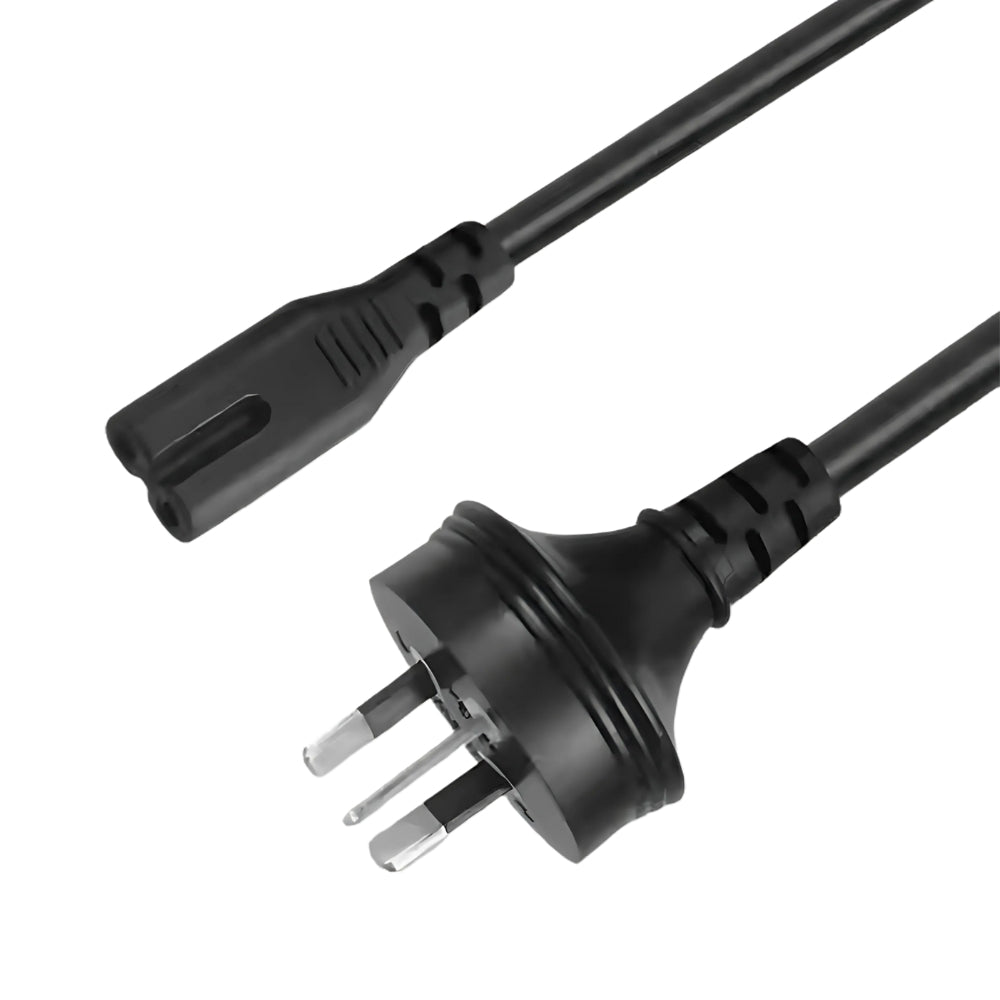Digital photography: A black power cable featuring an Australian Type I three-pin plug and a C7 figure 8 connector