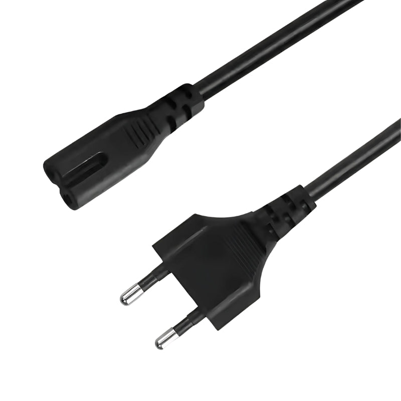 Photograph of a black AC power cable featuring a Type C Europlug with two silver pins and a C7 figure-8 connector against a white background