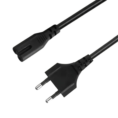Photograph of a black AC power cable featuring a Type C Europlug with two silver pins and a C7 figure-8 connector against a white background