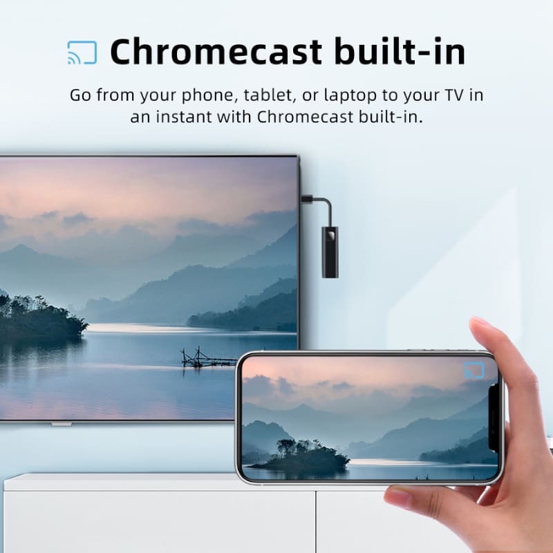 Digital graphic demonstrating Chromecast built-in functionality with a hand holding a smartphone mirroring a misty blue and purple mountain lake landscape onto a large flat-screen television, a black Chromecast dongle connected to the TV, and the prominent headline Chromecast built-in