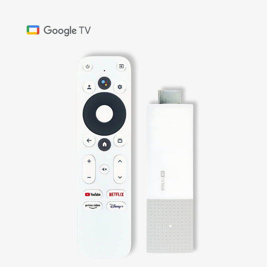 Google TV product image displaying a white Chromecast remote with a colorful Google Assistant button and dedicated YouTube, Netflix, Prime Video, Disney+ buttons, alongside a white 4K TV Stick with a textured gray base, set against a clean white background